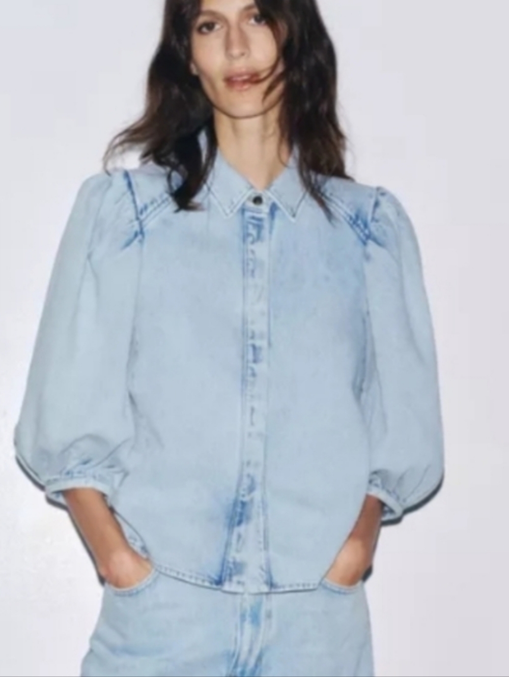 ZARA Puff Sleeve Denim Blouse light Wash Button Down Size XL